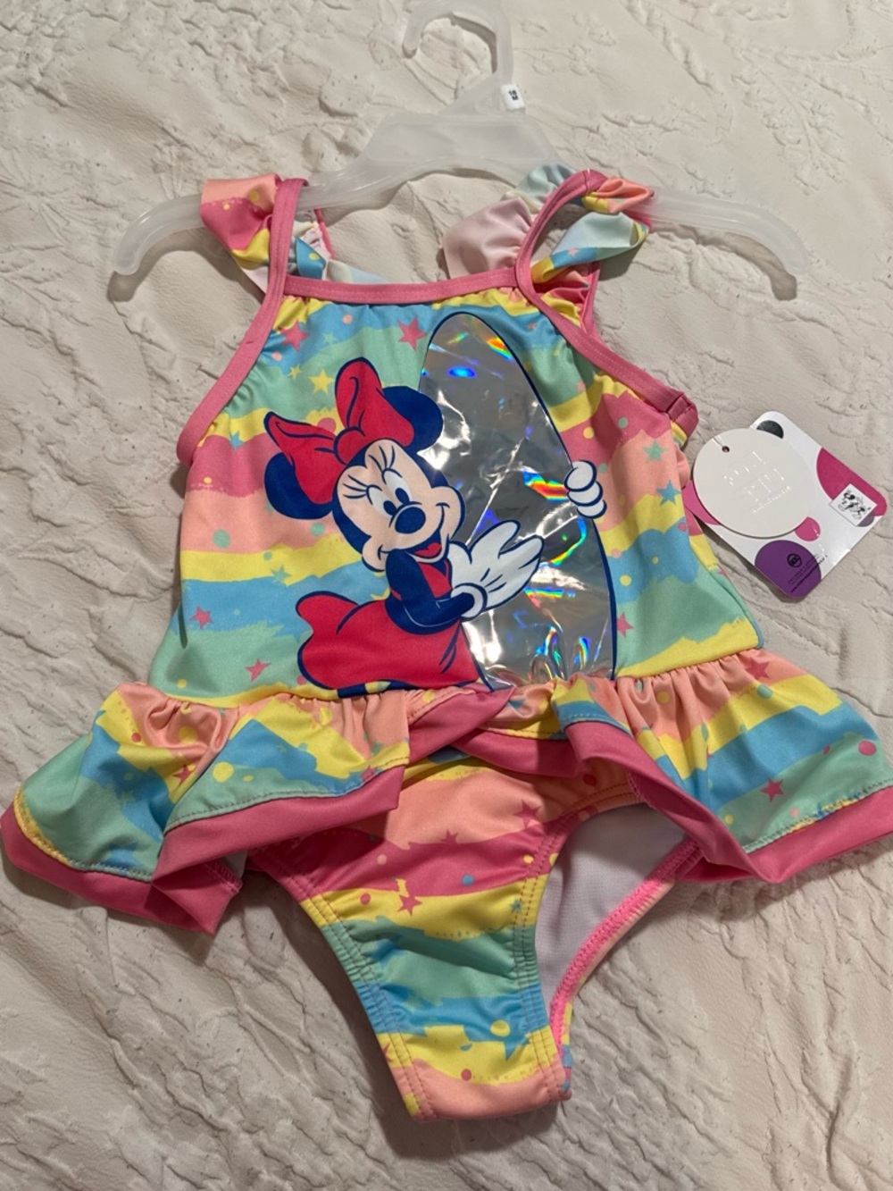 New Girls Disney Minnie Pastel Rainbow Pink Trim One-Piece Swimwear